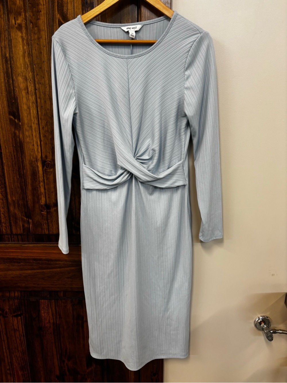 Nine West Pale Blue Ribbed Long-Sleeve Twist-Waist Dress